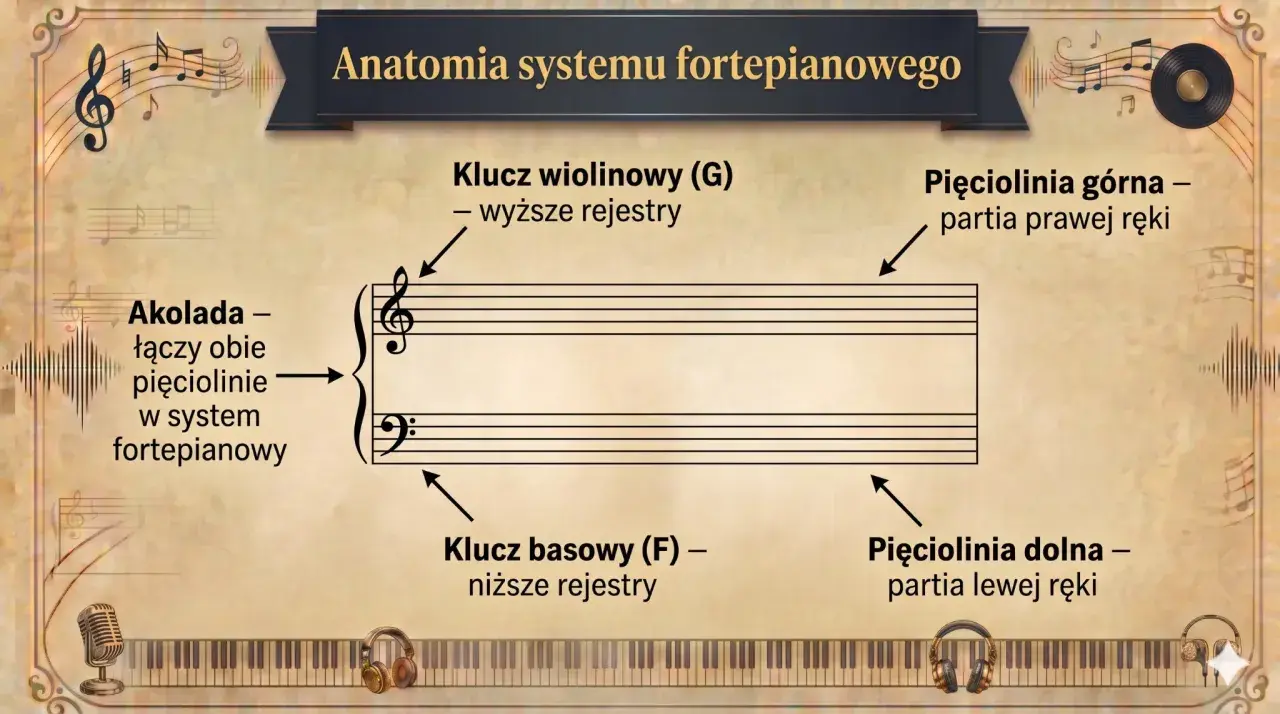 Klucz wiolinowy i basowy na pięcioliniach, połączone akoladą, ilustrują system fortepianowy.