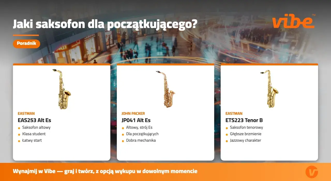 Poradnik prezentuje różne rodzaje saksofonów: altowy EAS253, altowy JP041 i tenorowy ETS223. Idealne dla początkujących.