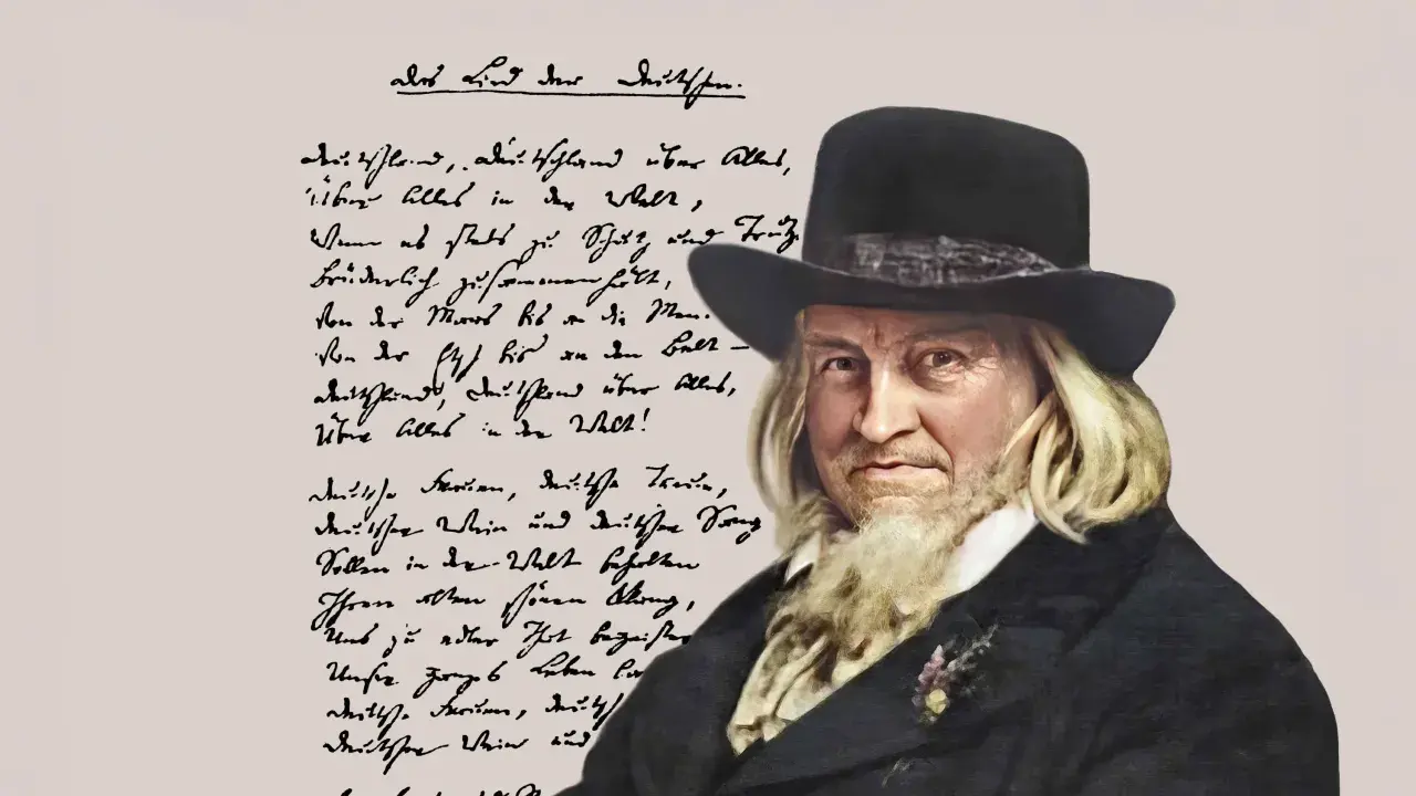August Heinrich Hoffmann von Fallersleben, autor słów do hymnu Niemiec, na tle fragmentu swojego wiersza.