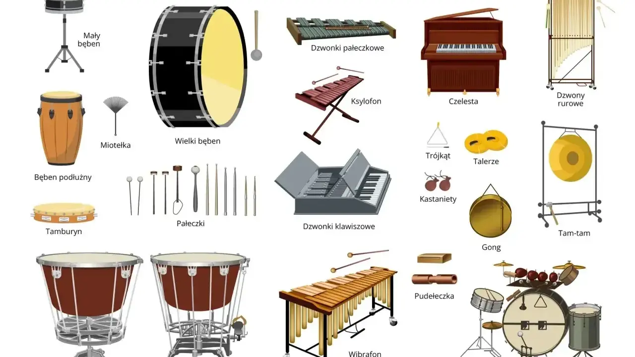 Instrumenty perkusyjne: od małego bębna po komplet jazzowy, wibrafon, kocioł pedałowy i inne.