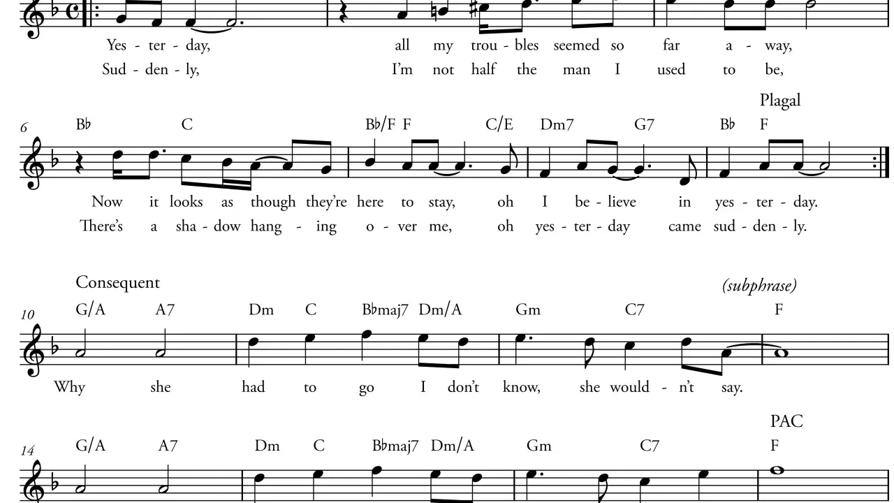 Fragment muzyczny z tekstem "Yesterday", zawierający kadencję plagalną.
