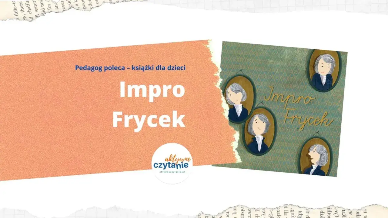 Książka "Impro Frycek" to krótki życiorys dla dzieci o Fryderyku Chopinie. Ilustracje przedstawiają portrety kompozytora.