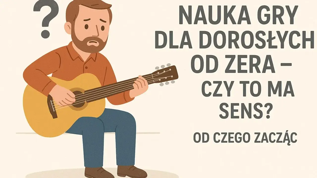 Zamyślony mężczyzna próbuje grać na instrumencie strunowym. Czy nauka gry na gitarze od zera ma sens?