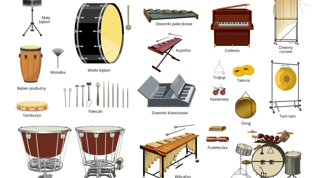 Ilustracja przedstawia różnorodne instrumenty perkusyjne, od bębnów po dzwonki i kastaniety, tworząc bogactwo dźwięków.