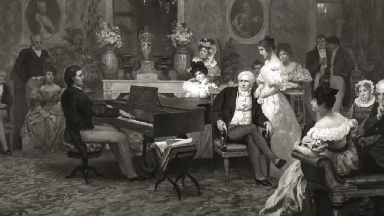 Chopin gra na fortepianie w salonie, otoczony gośćmi. Może to scena, która skłoniła go do myśli, dlaczego Chopin wyjechał z Polski.