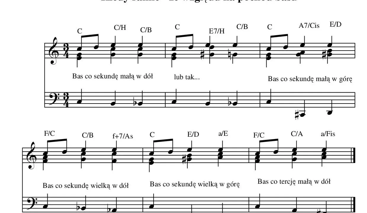 Fragment nutowy z tytułem "Kiedy ranne - ze względu na pochód basu". To przykład pieśni z opisem ruchu basu.