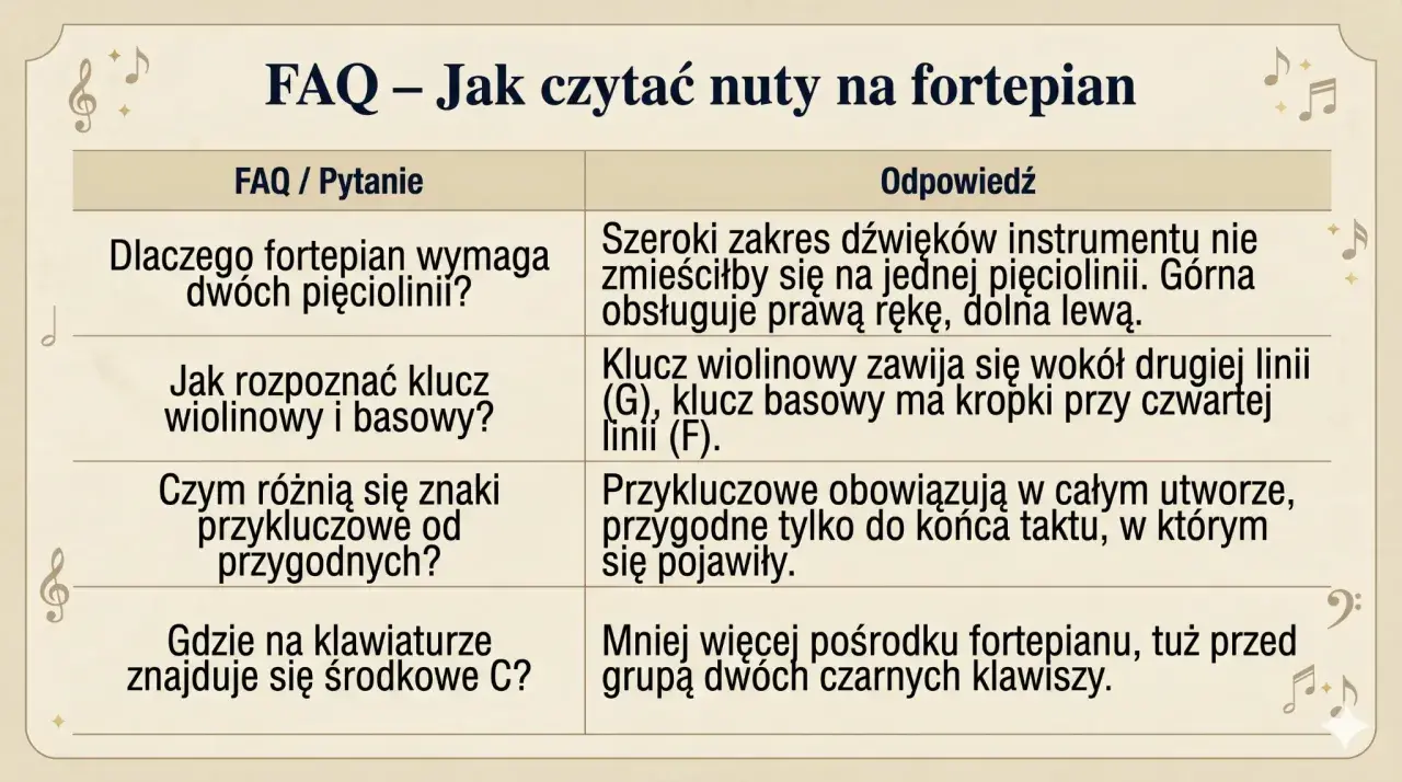Tabela FAQ o czytaniu nut na fortepian. Wyjaśnia, dlaczego fortepian używa dwóch pięciolinii, jak rozpoznać klucze i czym różnią się znaki przykluczowe od przygodnych.