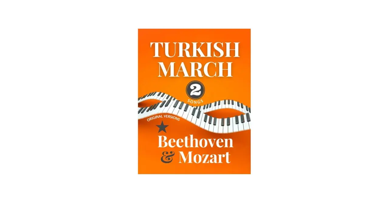 Okładka albumu "Turkish March" z motywem fortepianu. Zawiera utwory Beethovena i Mozarta.
