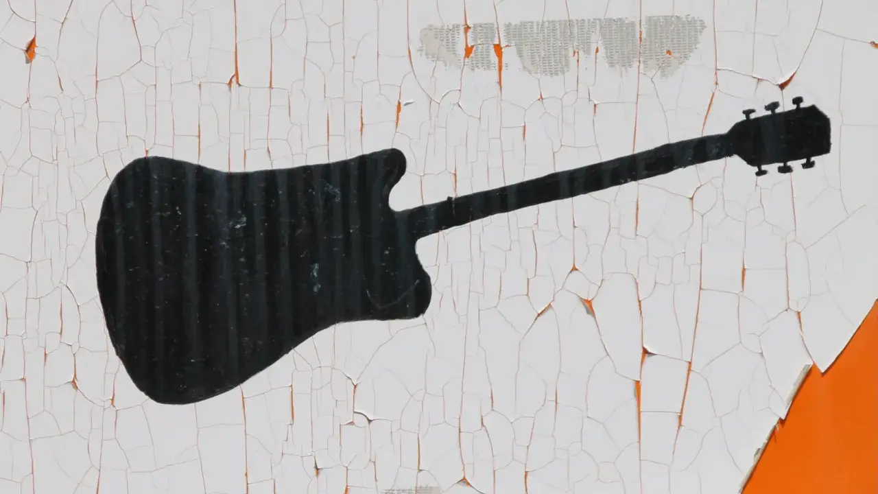 Czarna sylwetka gitary elektrycznej na białym, popękanym tle. Wyobraź sobie rockowy koncert i wirtuoza grającego na tym instrumencie.