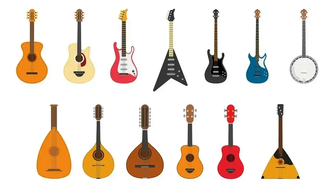 Różnorodne instrumenty strunowe: gitary akustyczne, elektryczne, basowe, banjo, lutnia, mandolina, balalajka.
