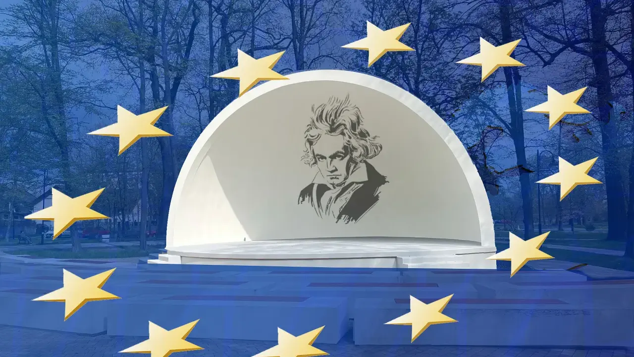 Beethoven, kompozytor Ody do radości, na tle sceny plenerowej otoczonej gwiazdami.