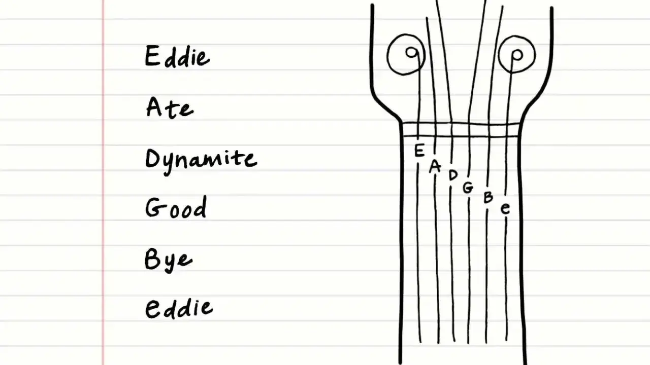 Schemat główki gitary z oznaczeniami strun: E, A, D, G, B, e. Pomocne w zapamiętywaniu: "Eddie Ate Dynamite, Good Bye Eddie".