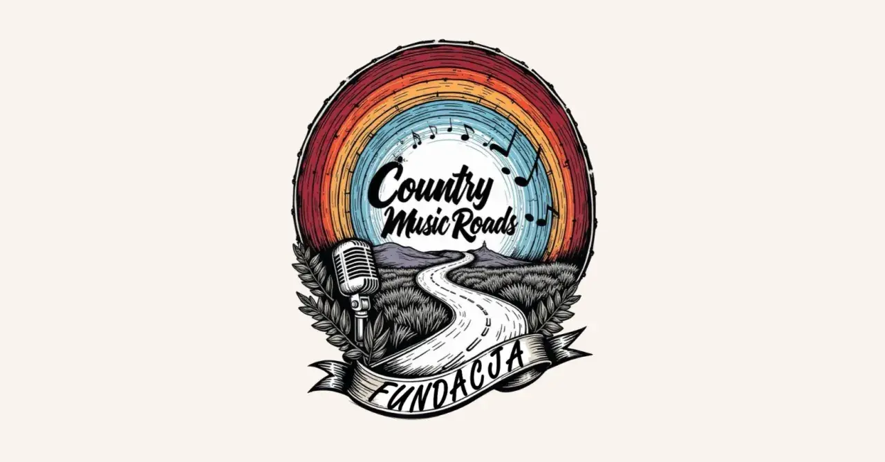 Logo Fundacji "Country Music Roads" z tęczą, drogą, mikrofonem i nutami. Promuje muzyka country wykonawcy.