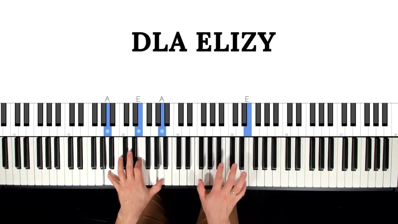 Nauka gry na keyboardzie: "Dla Elizy" z podświetlonymi klawiszami A i E. Dłonie ćwiczą akordy.