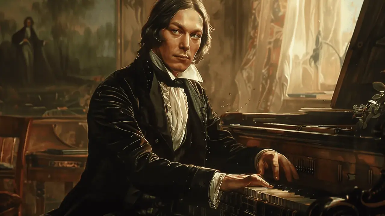 Młody mężczyzna gra na fortepianie, tworząc swoje słynne robert schumann utwory.