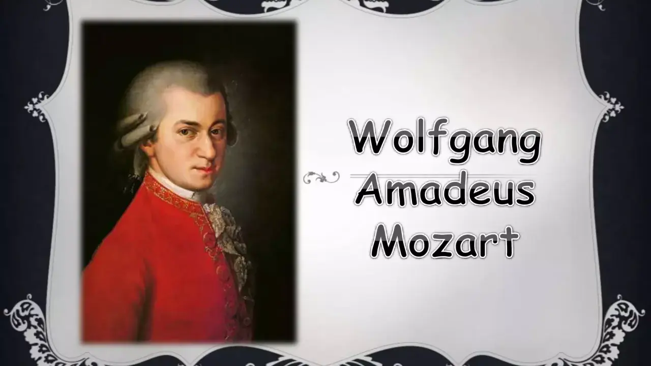 Portret Wolfganga Amadeusza Mozarta w czerwonym stroju, z siwą peruką. Obok widnieje jego imię i nazwisko.