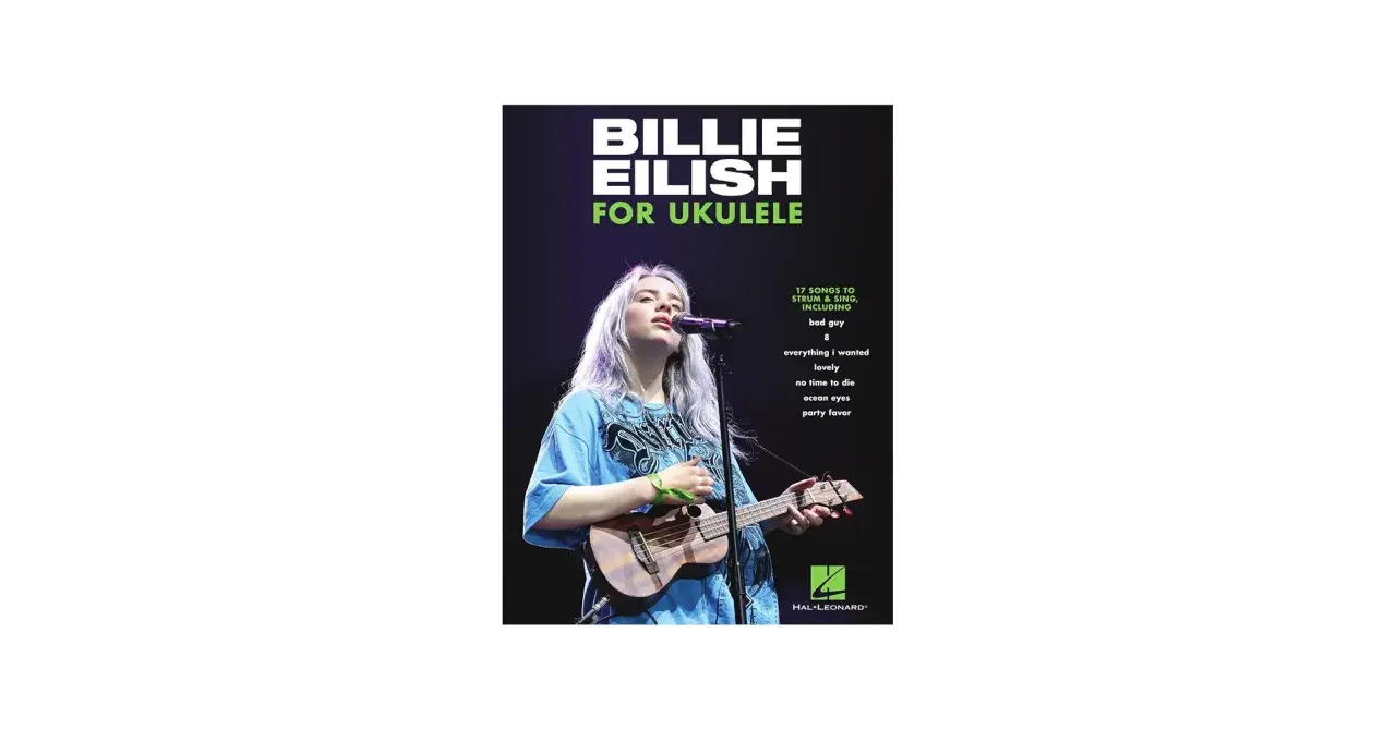 Billie Eilish z ukulele na okładce podręcznika "Billie Eilish for Ukulele".