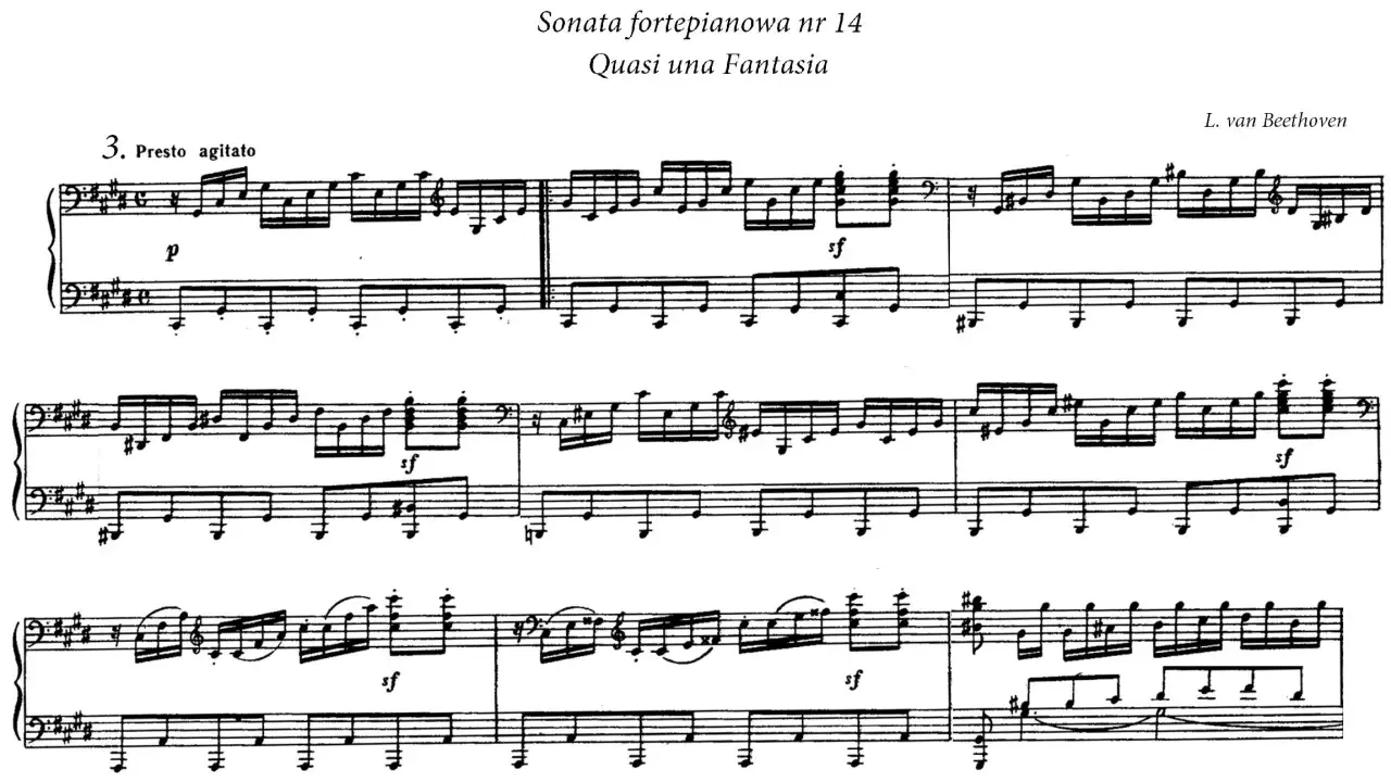 Fragment partytury fortepianowej Beethovena, "Quasi una Fantasia". Widoczna dynamika w muzyce, od piano (p) do forte (sf).