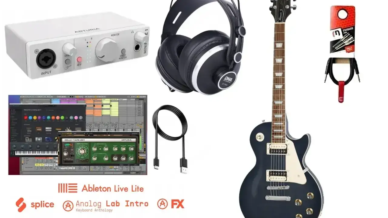 Zestaw do nagrywania gitary: gitara, interfejs audio, słuchawki, kable i oprogramowanie. Dowiedz się, jak ustawić wzmacniacz gitarowy w domowym studio.