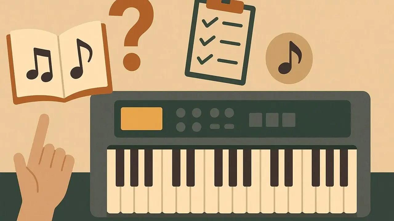 Ręka wskazuje na nuty w książce, obok keyboardu. Zastanawiasz się, jak podpisać klawisze na keyboardzie?