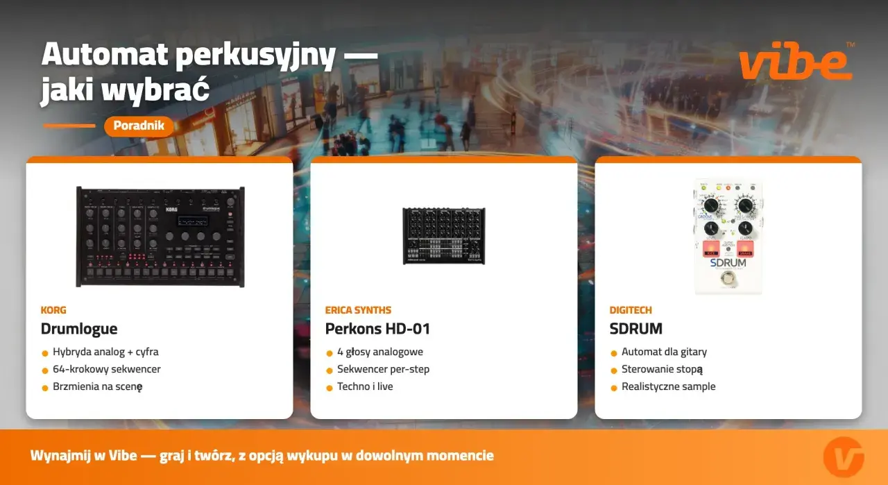 Trzy automaty perkusyjne: Korg Drumlogue, Erica Synths Perkons HD-01 i Digitech SDRUM. To urządzenia do rytmu dla muzyków.
