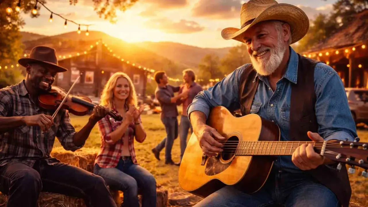 Wieczorna biesiada z muzyką country. Mężczyzna gra na gitarze, obok skrzypek, a w tle tańcząca para.