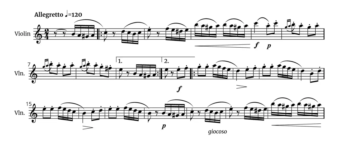 Allegretto, 120 BPM. Dzieło muzyczne dla skrzypiec, pełne szybkich, radosnych nut, z dynamicznymi zmianami od forte do piano.