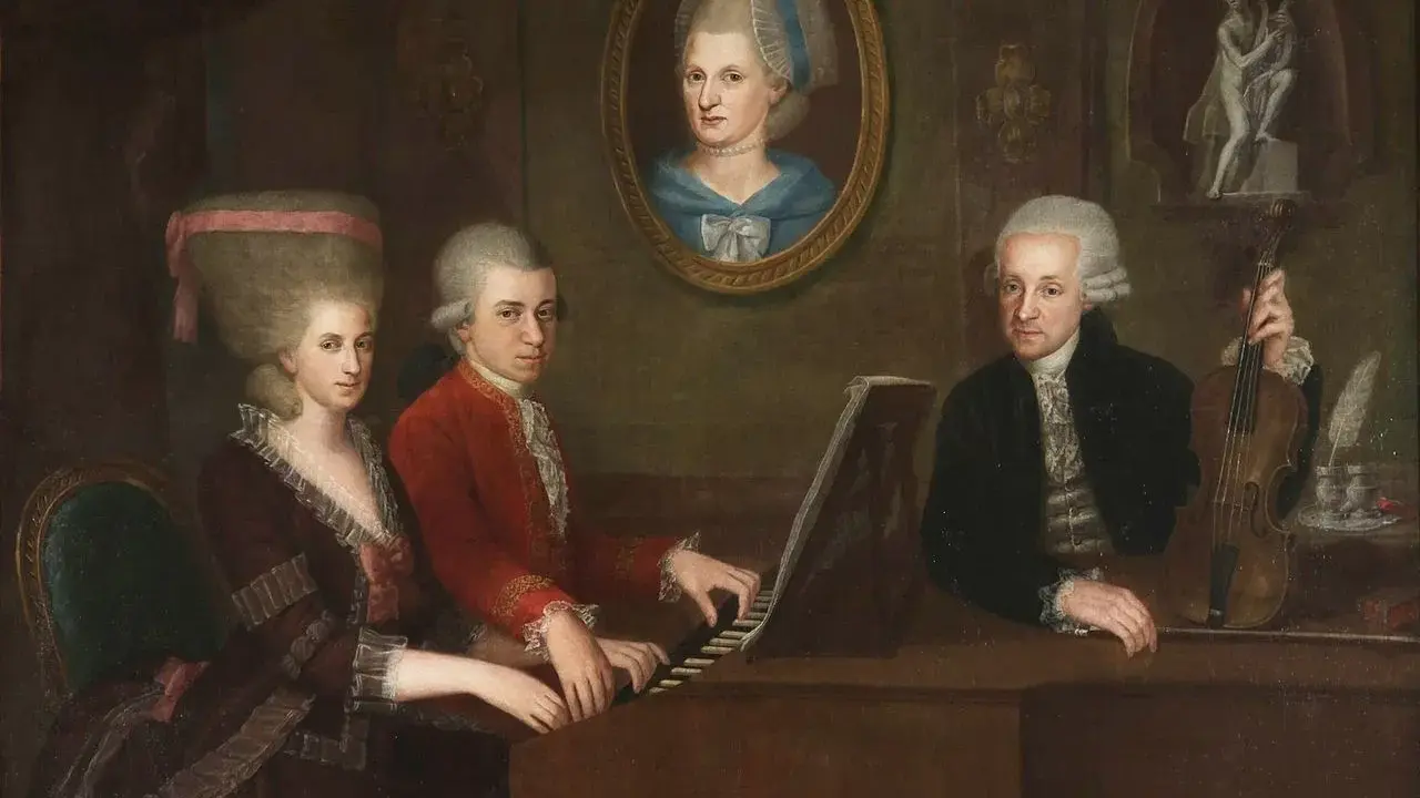 Portret rodziny Mozarta przy fortepianie. Choć obraz nie odpowiada na pytanie, na co zmarł Mozart, ukazuje jego talent muzyczny.