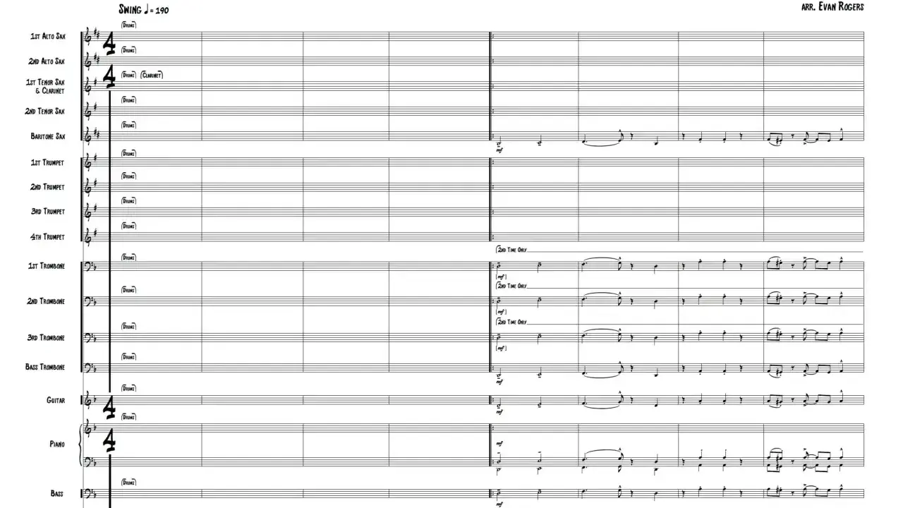 Partytura w muzyce to zapis nutowy dla big bandu, pokazujący "In the Hall of the Mountain Swing". Widać tu instrumenty: saksofony, trąbki, puzony, gitarę, pianino, bas i perkusję.