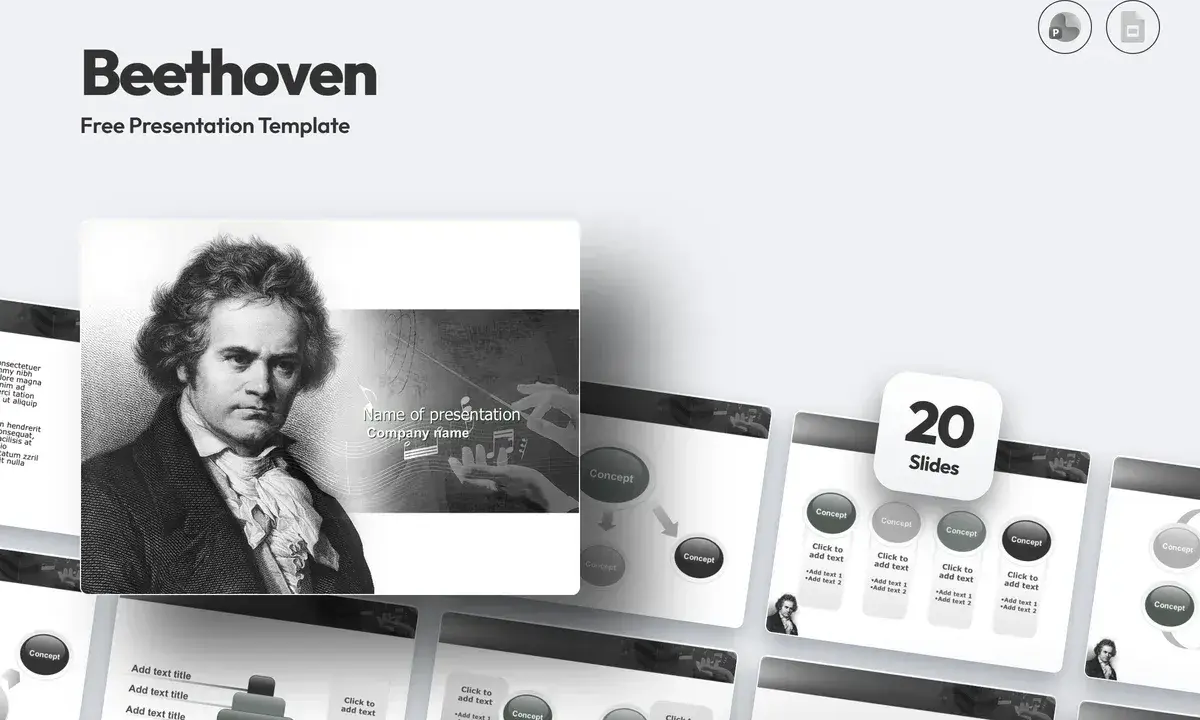 Szablon prezentacji "Beethoven" z portretem kompozytora i elementami graficznymi nawiązującymi do muzyki.