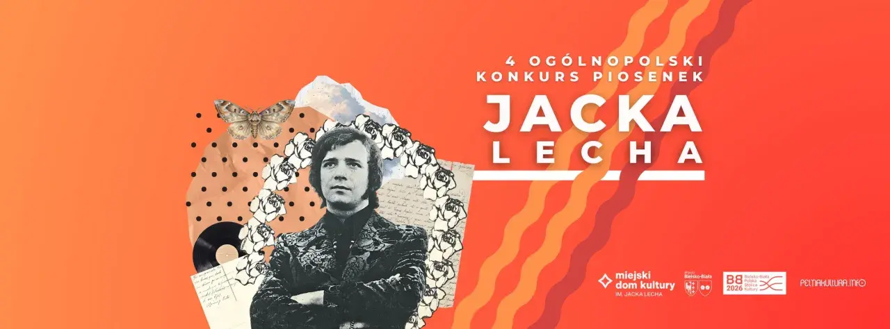4. Ogólnopolski Konkurs Piosenek Jacka Lecha. Kolaż z portretem artysty, ćmą, różami i nutami.