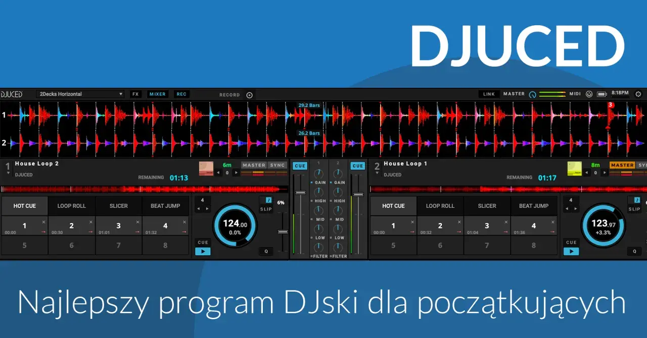 DJUCED - najlepszy program DJski dla początkujących. Interfejs z dwiema ścieżkami, falami dźwiękowymi i kontrolkami miksera.