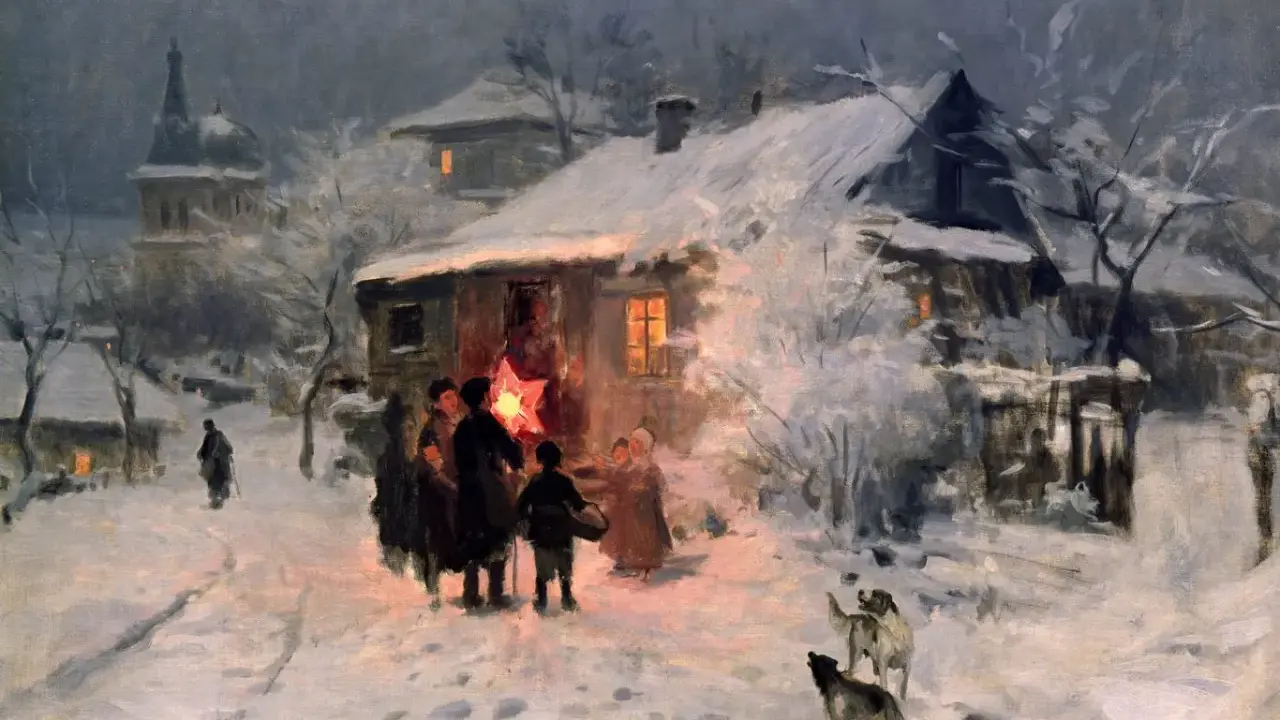 Cicha noc, historia kolędy. Grupa ludzi z gwiazdą na patyku idzie przez zasypaną śniegiem wieś.