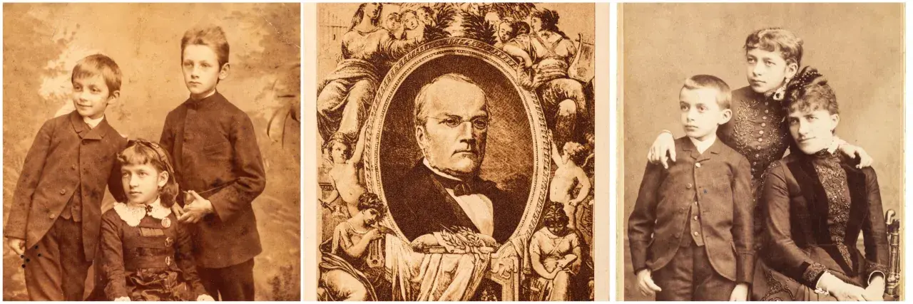 Portret Stanisława Moniuszki i jego dzieci. Trzy fotografie: dwoje dzieci, portret kompozytora w medalionie, troje dzieci z kobietą.