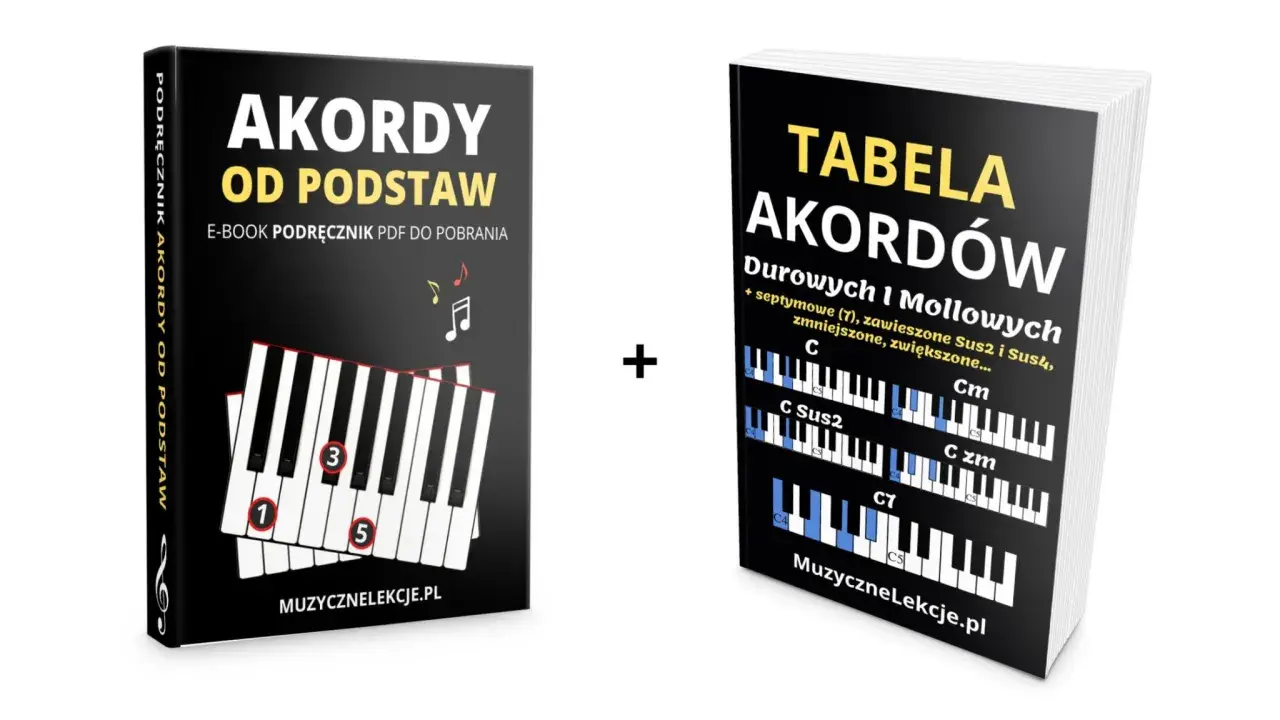E-book "Akordy od podstaw" i "Tabela akordów" pokazują różne rodzaje akordów na klawiaturze fortepianu.