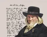 August Heinrich Hoffmann von Fallersleben, autor słów do hymnu Niemiec, na tle fragmentu swojego wiersza.
