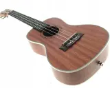 Brązowe ukulele z białym bindingiem, idealne do nauki gry na ukulele.
