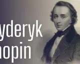 Portret Fryderyka Chopina, geniusza muzyki, z białym napisem "Fryderyk Chopin" na tle.