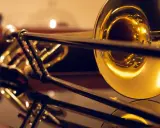 Błyszczące, złote puzony, różne rodzaje instrumentów dętych blaszanych, odbijające się w lustrzanej powierzchni.