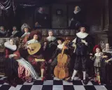 Rodzina w barokowych strojach gra na instrumentach. Nazwa "barok" może oznaczać bogactwo i przepych, co widać w ich strojach i otoczeniu.