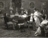 Chopin gra na fortepianie w salonie, otoczony gośćmi. Może to scena, która skłoniła go do myśli, dlaczego Chopin wyjechał z Polski.