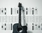 Nuty na gitarze i schematy akordów tworzą wizualny przewodnik dla gitarzysty.