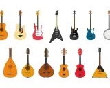 Różnorodne instrumenty strunowe: gitary akustyczne, elektryczne, basowe, banjo, lutnia, mandolina, balalajka.