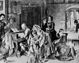 Johann Sebastian Bach z dziećmi w muzycznym domu. Syn gra na skrzypcach, ojciec przy klawikordzie, a reszta rodziny słucha.