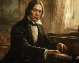 Młody mężczyzna gra na fortepianie, tworząc swoje słynne robert schumann utwory.