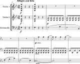 Fragment partytury smyczkowej z oznaczeniem "Allegro con brio". Widać synkopa przykłady w partii skrzypiec i wiolonczeli, z dynamiką od "f" do "p cresc.".