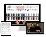 Nauka gry na pianinie z wykorzystaniem ozdobników muzycznych. Na ekranach widać nuty, klawiaturę i lekcję wideo.