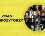 Kolaż portretów najsłynniejszych kompozytorów, od Bacha po współczesnych, na tle nut.