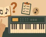 Ręka wskazuje na nuty w książce, obok keyboardu. Zastanawiasz się, jak podpisać klawisze na keyboardzie?