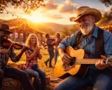 Wieczorna biesiada z muzyką country. Mężczyzna gra na gitarze, obok skrzypek, a w tle tańcząca para.
